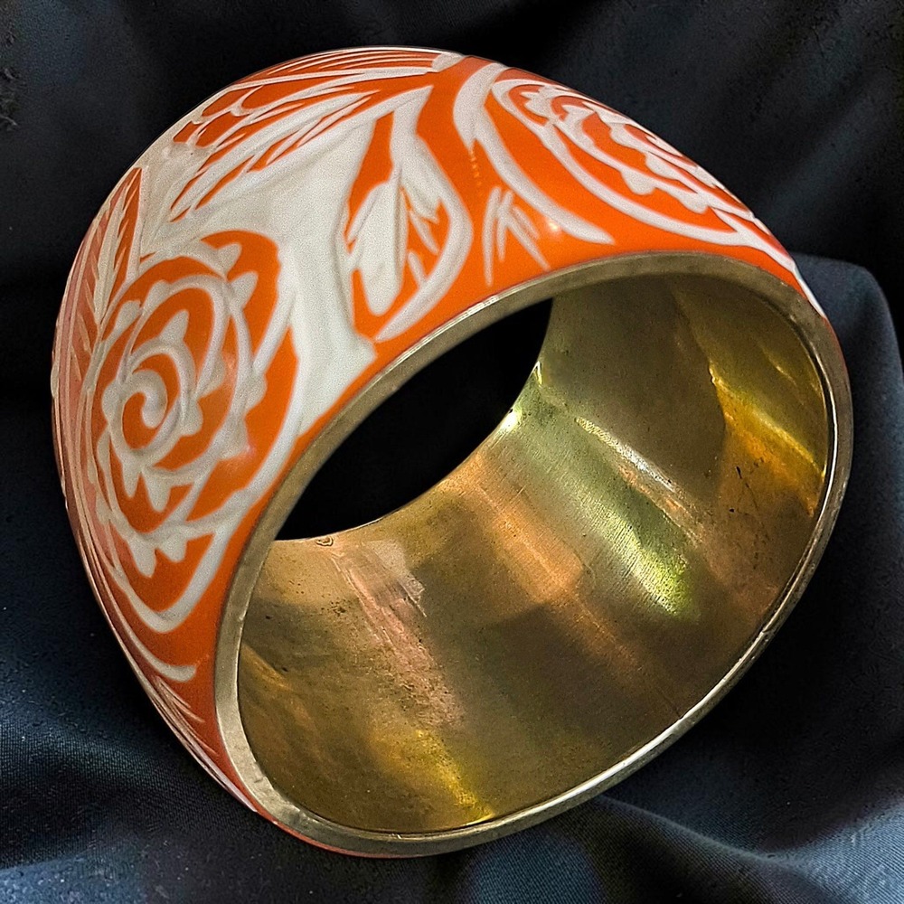Vintage Carved Orange Cream Lucite Brass Wide Cuff Bangle Bracelet Floral 1980s